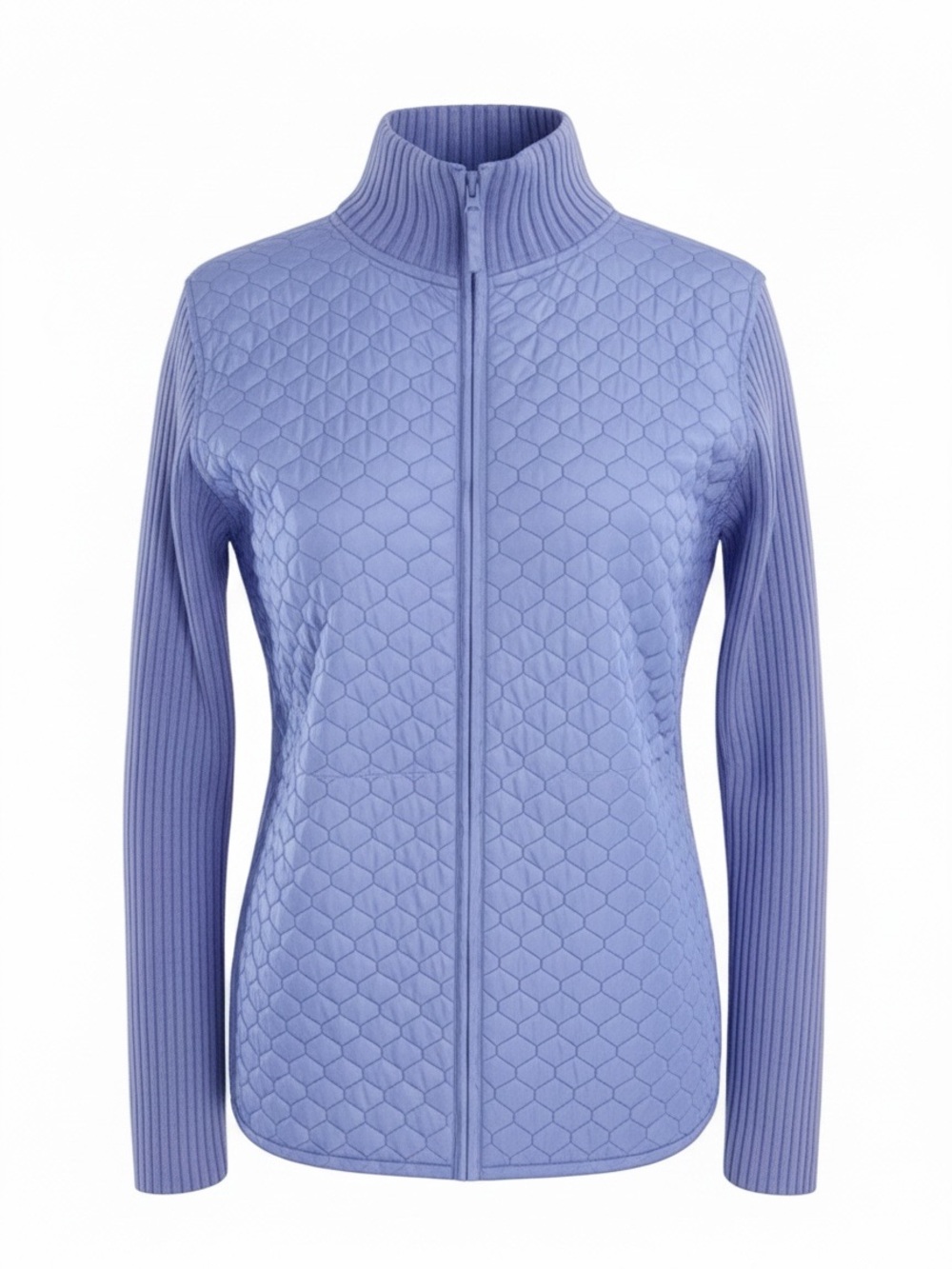 For Cynthia Purple Zip Up Quilted Sweater Jacket Ribbed Knit Sleeves Size Medium